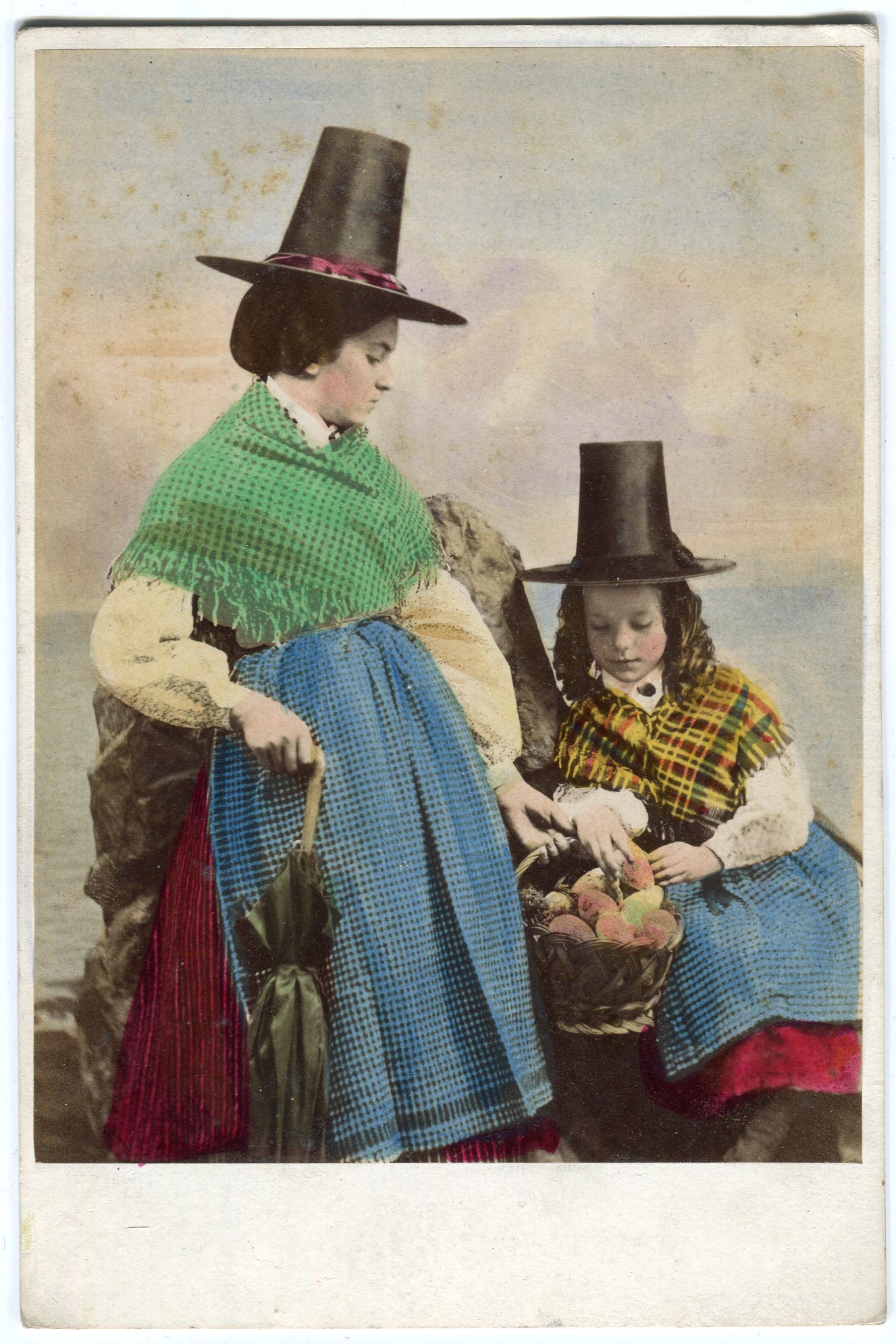 1877-hand-coloured-photo-of-mother-and-daughter-in-traditional-Welsh-hats-cab-c1877-Tenby