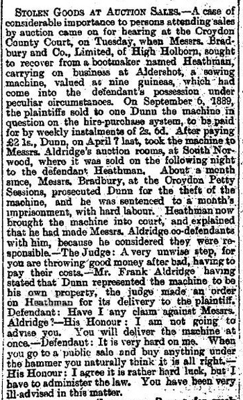 Report in the Liverpool Mercury of the 10th September 1891 re: stolen goods