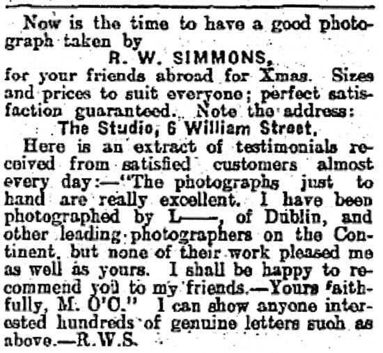 Robert William Simmons’ advert in the Connacht Tribune in December 1913