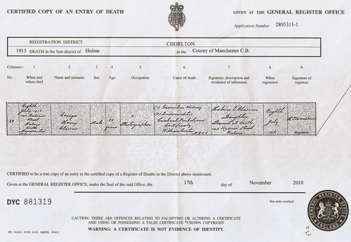 George Henry Glasson’s death certificate - 1913