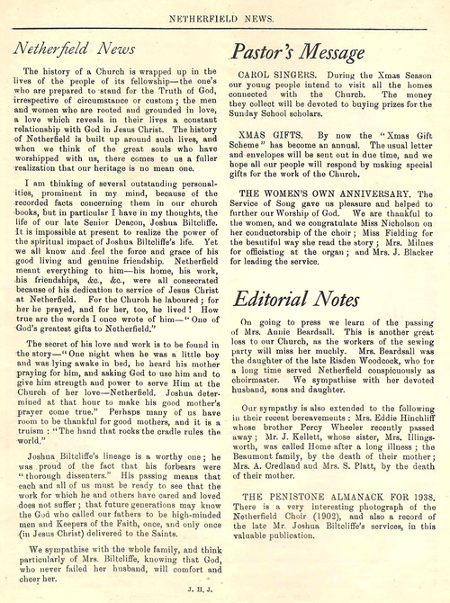 Nethercliffe Congregational Church magazine December 1937 – inside front cover