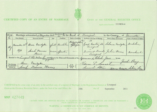 Aaron & Sarah Vandyke’s marriage certificate 1870