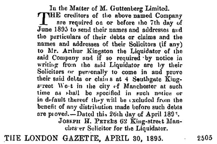 Guttenberg, M Ltd Creditors 1895