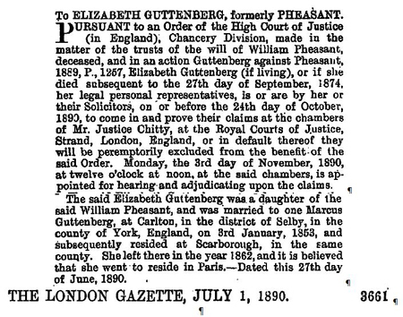 Guttenberg, Elizabeth London Gaz 1890 re: fathers will