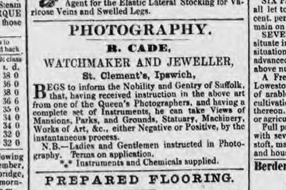Robert Cade's advert in the Ipswich Journal 26 August 1854