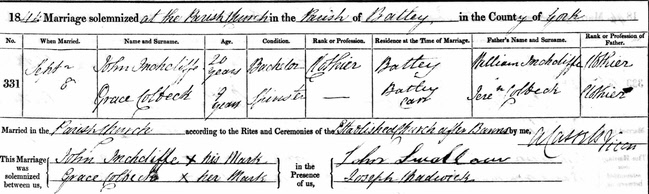 John Hinchcliffe Marriage Certificate