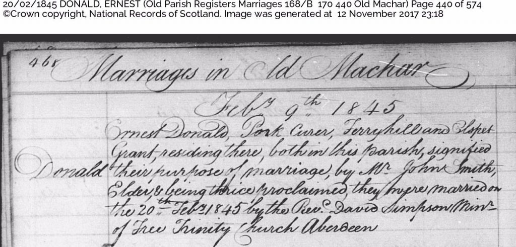 Marriage 1845 - Ernest Donald & Elspet Grant - ScotlandsPeople_OPR168_B00_0170_0440Z
